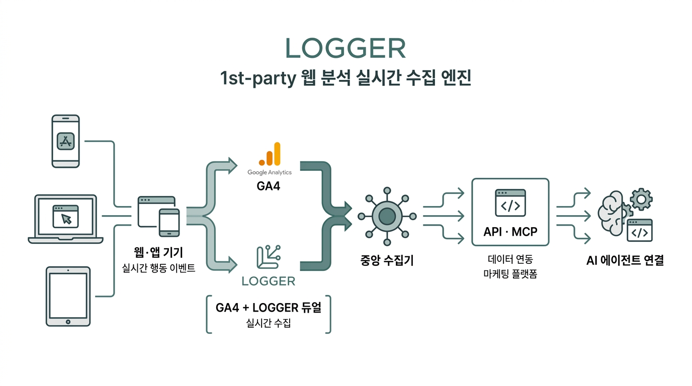 LOGGER — 실시간 수집 + GA4 듀얼 + API·MCP 연동 흐름 (콘셉트)
